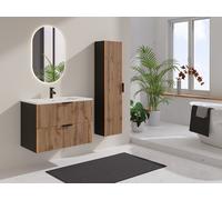 Meuble de salle de bain suspendu strié avec vasque à encastrer et colonne - Naturel clair et noir - 80 cm - MADELA