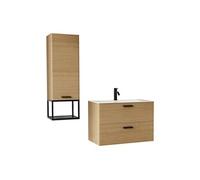 Vente-unique - Meuble de Salle de Bain Suspendu strié avec Vasque à encastrer, Robinet et Colonne avec Niche - 2 tiroirs - Naturel Clair - 80 cm - SARONE