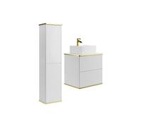 Meuble de salle de bain suspendu strié avec vasque à poser carrée et colonne - Blanc - 60 cm - KELIZA