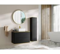 Meuble de salle de bain suspendu strié avec vasque à poser carrée et colonne - Noir - 80 cm - KELIZA