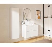 Meuble de salle de bain suspendu strié avec vasque à poser et colonne - Blanc mat - 80 cm - ZEVINI