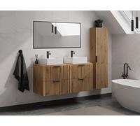 Meuble de salle de bain suspendu strié avec vasque à poser et colonne - Naturel clair - 120 cm - ZEVARA