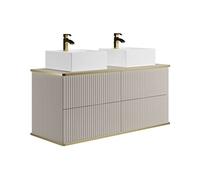 Vente-unique - Meuble de Salle de Bain Suspendu strié liseré doré avec Double Vasque à Poser carrée - Beige - 120 cm - KELIZA