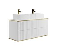 Meuble de salle de bain suspendu strié liseré doré avec double vasque à poser carrée - Blanc - 120 cm - KELIZA