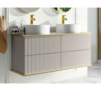 Meuble de salle de bain suspendu strié liseré doré avec double vasque à poser ronde - Beige - 120 cm - KELIZA