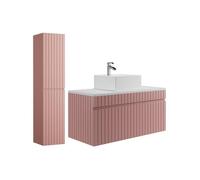 Meuble de salle de bain suspendu strié rose avec vasque à poser et colonne - 100 cm - SATARA