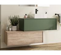 Meuble de salle de bain suspendu vert et naturel clair avec simple vasque carrée et deux tiroirs - 94 cm - TEANA II