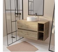 Meuble de salle de bains 100cm TIMBER Décor Chêne 2 Tiroirs et Module - Vasque Ronde Blanche