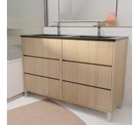 Meuble de salle de bains 120 cm 6 Tiroirs Chêne Clair + Vasque Double Céramique Noire - XENOS