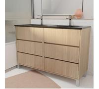 Meuble de salle de bains 120 cm 6 Tiroirs Chêne Clair + Vasque Double Céramique Noire - XENOS