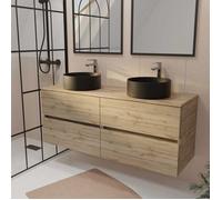 Meuble de salle de bains 140 TIMBER Décor Chêne - 4 Tiroirs - 2 Vasques Rondes Noires 36cm