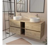 Meuble de Salle de Bains 140 TIMBER Décor Chêne 4 tiroirs et module - Vasques Blanches 36cm