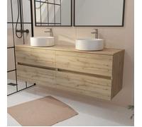 Meuble de salle de bains 160 TIMBER Décor Chêne - 4 Tiroirs - 2 Vasques Rondes Blanches