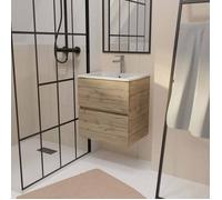 Meuble de salle de bains 50 cm TIMBER - Décor Chêne Naturel 2 tiroirs avec Vasque blanche