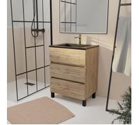 Meuble de salle de bains 60 cm 3 Tiroirs Chêne Naturel + Vasque Céramique Noire - TIMBER