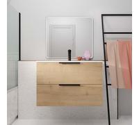 Meuble de Salle de Bains 60cm Suspendu Decor Bois Clair 2 Tiroirs - Vasque Blanche - ELEMENTARY