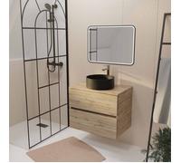 Meuble de salle de bains 70cm TIMBER Décor Chêne 2 tiroirs Vasque noire sur plan et miroir LED 70x50