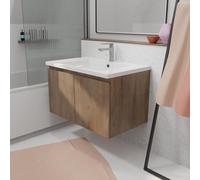 Meuble de salle de bains 75cm à Suspendre Décor Bois Clair - 2 Portes - Vasque Blanche - ELEMENTARY