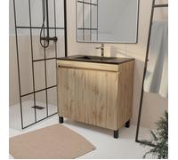 Meuble de salle de bains 80 cm 2 Portes Chêne Naturel + Vasque Céramique Noire - TIMBER