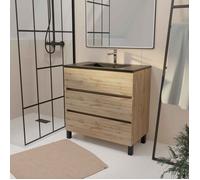 Meuble de salle de bains 80 cm 3 Tiroirs Chêne Naturel + Vasque Céramique Noire - TIMBER
