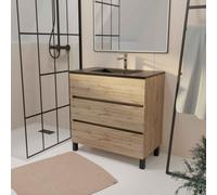 Meuble de salle de bains 80 cm 3 Tiroirs Chêne Naturel + Vasque Céramique Noire - TIMBER