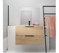 Meuble de Salle de Bains 80cm Suspendu Decor Bois Clair 2 Tiroirs - Vasque Blanche - ELEMENTARY
