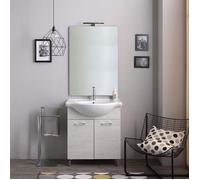Meuble de salle de bains au sol 75cm chêne blanc effet bois avec miroir et lampe | Rimini