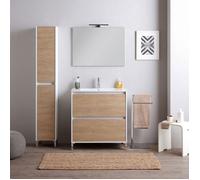 Kiamami Valentina - Meuble de Salle de Bains au Sol Blanc avec façade en chêne, avec 2 tiroirs, lavabo en céramique et Miroir 80x60 | Laguna