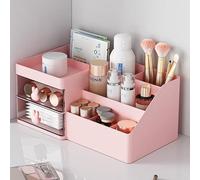 Meuble de salle de bains avec tiroirs en plastique transparent, armoire à cosmétiques avec porte-brosses et double tablette avec miroir.