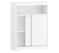 Meuble de salle de bains - Meuble de salle de bains étroit - Peu encombrant - Avec porte-papier hygiénique - Avec crochets - Porte coulissante - Étagère réglable - Bois blanc