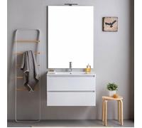 Kiamami Valentina Meuble Salle de Bain Suspendu 80 cm Blanc 2 tiroirs | Lavabo céramique 81,5x46,5 cm, miroir 80x110 cm, bois mélaminé, monté, style moderne