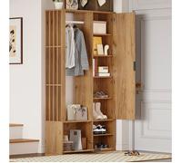 Meuble d'entrée 100x33x190 cm avec miroir et penderie ouverte, 9 rangements, porte abattante bois naturel