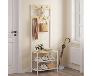 Meuble d'Entrée 3 en 1 - WOLTU Portemanteau - Banc et Étagère à Chaussures - Métal+Bois - Chêne Clair+Blanc