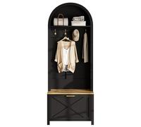 Meuble d'entrée avec 4 crochets, niche ouverte et meuble à chaussures abattant - en MDF noir et bois - 75×35×195 cm