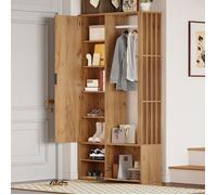 Meuble d'Entrée avec Miroir, 2 Placards, Penderie et 9 Rangements, Bois 100×33×190 cm Naturel - UVRION