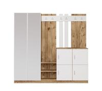 Meuble d'Entrée ANKA Bois Blanc Double Miroir 187 cm 6 Patères | Grand format, panneaux 100% mélaminés, style scandinave, idéal couloir ou salon spacieux