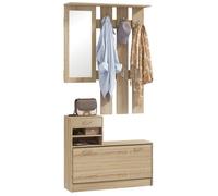 Meuble d'entrée - HOMCOM - panneau porte-manteau, miroir et banc à chaussures - 6 crochets étagère réglable - effet bois naturel