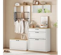 Meuble d'entrée modulable - Memkey - 156 x 36 x 176 cm - Blanc et bois - Banc, meuble à chaussures, miroir et penderie