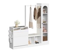Meuble d'entrée multifonction blanc avec miroir, coiffeuse, vitrine, banc à chaussures et LED