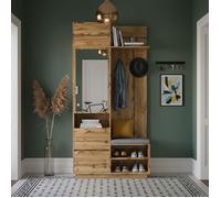 Meuble d'Entrée - Novélys - 90cm - Vestiaire Complet ""5-en-1"" avec Miroir, Banc & Rangement Chaussures - Style Naturel