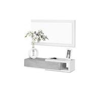 Meuble d'Entree reversible avec Miroir et 1 Tiroir coloris blanc artic / ciment - 19 x 95 x 26 cm --