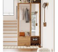 Meuble d'entrée vestiaire 6-en-1 avec miroir, penderie ouverte et rangements 100 x 33 x 190 cm bois naturel Grjofek