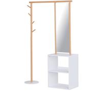 HOMCOM Porte-manteaux meuble d'entrée vestiaire penderie avec miroir 4 patères 2 niches dim. 100L x 34l x 164H cm MDF blanc bois massif bambou