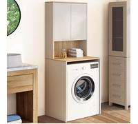 Meuble dessus de machine à laver WALLIS avec placard beige et bois façon hêtre