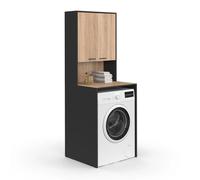 Meuble dessus de machine à laver WALLIS avec placard noir et bois façon hêtre