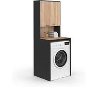 Meuble dessus de machine à laver WALLIS avec placard noir et bois façon hêtre