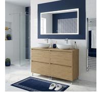 Meuble double vasque à poser L. 120 cm sur pied 4 tiroirs Chêne naturel LISBONA - sans colonne