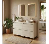 Meuble double vasque L. 120 cm à poser sur pied 4 tiroirs Chêne blanchi LISBONA - sans colonne