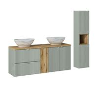 Meuble double vasques à poser 140 cm + rangement + colonne- A portes et tiroirs - Vert Roseau