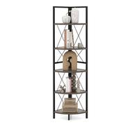 Meuble Étagère d'Angle à 5 Niveaux COSTWAY, Bibliothèque Industrielle avec Cadre en Métal, pour Salon Bureau Cuisine, Gris Chêne